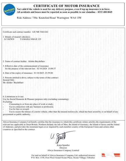 UK Certificate of Motor Insurance